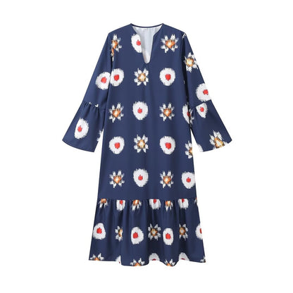 Autumn New Fashion Flower Series V-neck Long Sleeved Dress