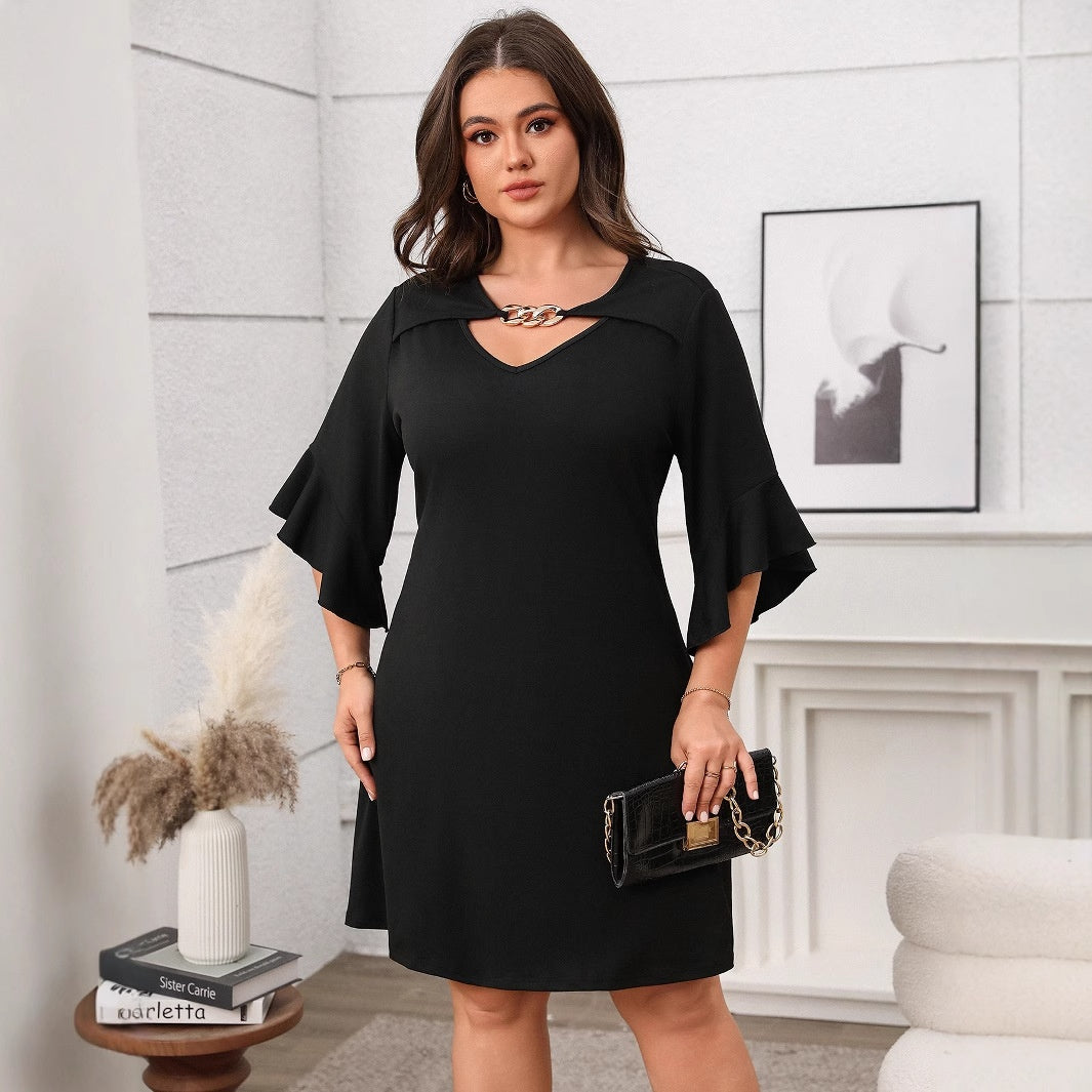 Fashionable Plus Size Solid Color Dress with Flare Sleeves and Slimming Design
