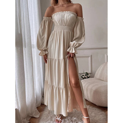 One piece collar exposed shoulder lotus leaf edge long sleeved high slit dress