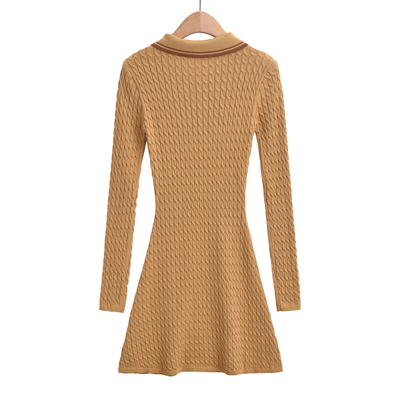 Women's Polo Collar Button Design, Slim Fit and Waist Cinching, Long Sleeved Knitted Dress