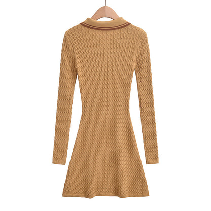 Women's Polo Collar Button Design, Slim Fit and Waist Cinching, Long Sleeved Knitted Dress