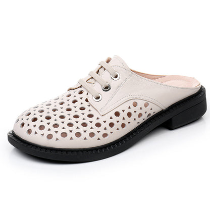 Cave shoes real leather flat heel thick sole hollowed out sandals women's slippers round toe