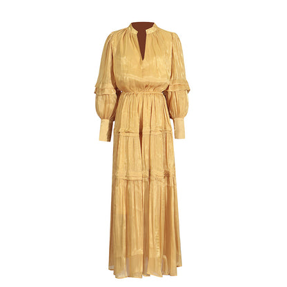 Vintage Dress with Lantern Sleeves Pleated Ruffle Edges Waist Cinching Long Skirt