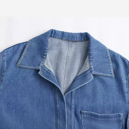 Women's Retro Lapel Casual Shirt Set Belted Loose Denim Pants 2-piece