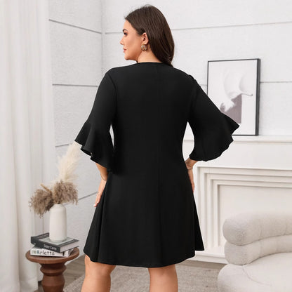 Fashionable Plus Size Solid Color Dress with Flare Sleeves and Slimming Design