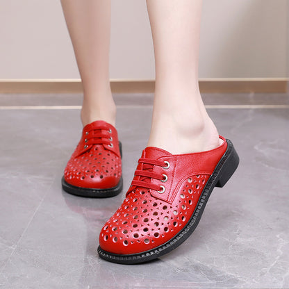Cave shoes real leather flat heel thick sole hollowed out sandals women's slippers round toe