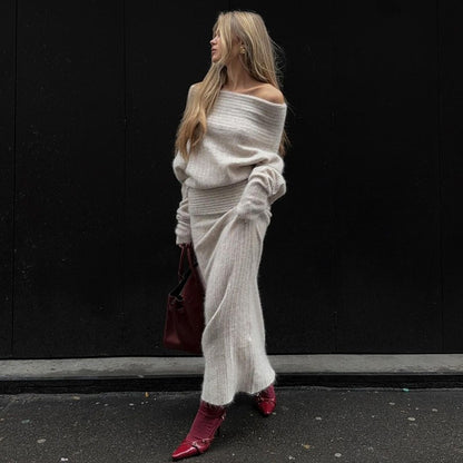 Knitted Long Sleeve Top and Skirt 2-Piece Set