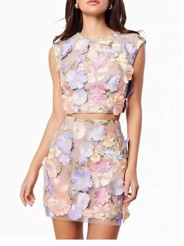 Embroidered Crochet Sleeveless Crop Top with Pencil Skirt Two-Piece Set