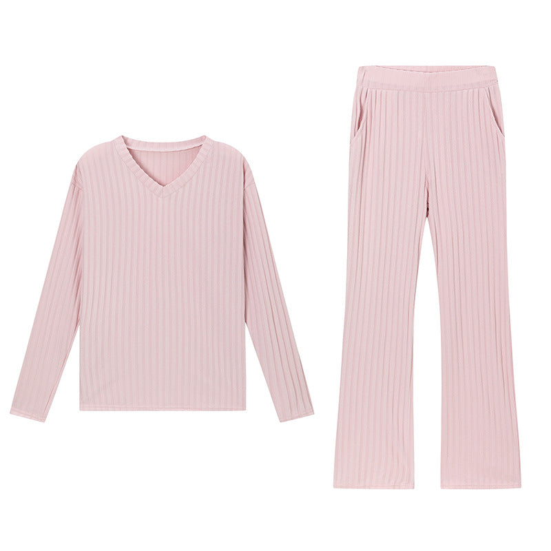 Fashionable Casual Loose V-Neck Ribbed Knit Set for Women
