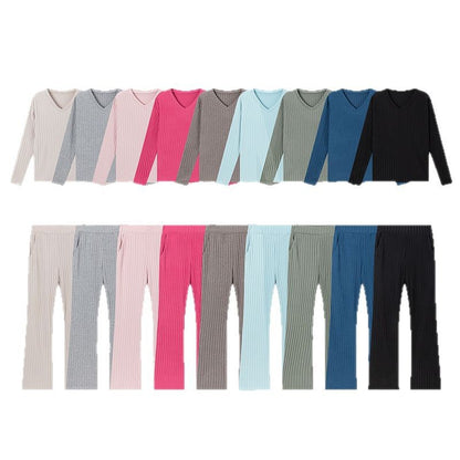 Fashionable Casual Loose V-Neck Ribbed Knit Set for Women