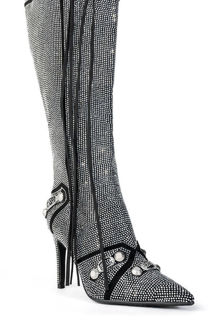 Women's Bling Crystal Knee-High Boots Pointed Toe Stiletto Tassel