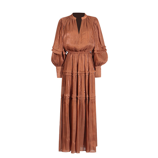 Vintage Dress with Lantern Sleeves Pleated Ruffle Edges Waist Cinching Long Skirt