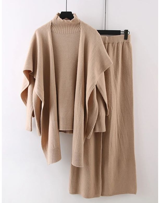 Knitted Turtleneck & Wide Leg Pants Set Shawl Turtleneck
