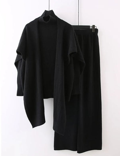 Knitted Turtleneck & Wide Leg Pants Set Shawl Turtleneck