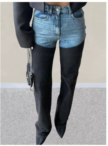 Blue Black Y2K Washed Jeans Pants Slim Stretch  Denim Trousers