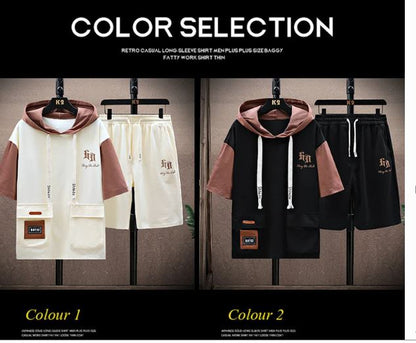 New Hooded Casual Two Piece Short Sleeve Cotton Men