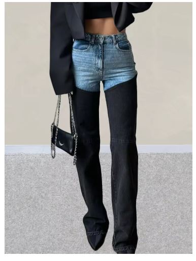 Blue Black Y2K Washed Jeans Pants Slim Stretch  Denim Trousers
