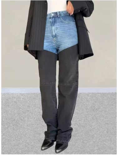 Blue Black Y2K Washed Jeans Pants Slim Stretch  Denim Trousers