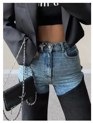 Blue Black Y2K Washed Jeans Pants Slim Stretch  Denim Trousers