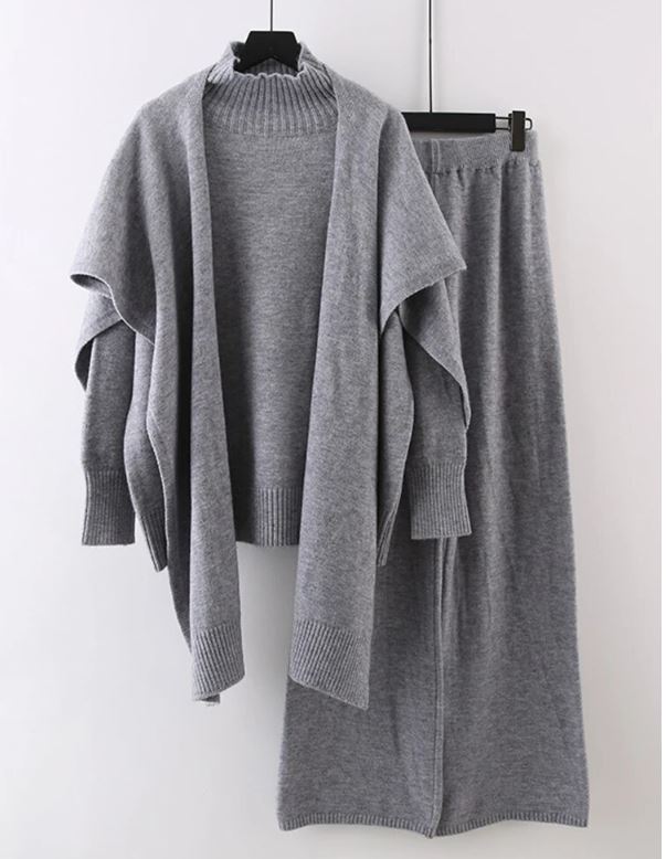 Knitted Turtleneck & Wide Leg Pants Set Shawl Turtleneck