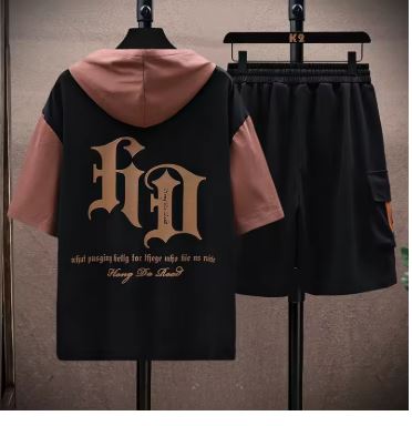 New Hooded Casual Two Piece Short Sleeve Cotton Men