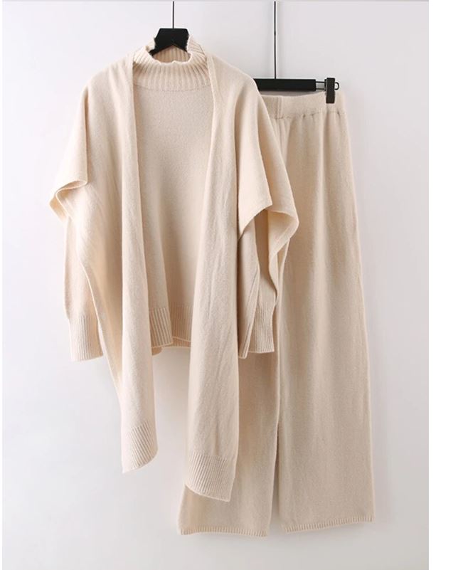 Knitted Turtleneck & Wide Leg Pants Set Shawl Turtleneck