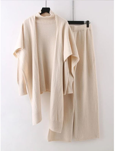 Knitted Turtleneck & Wide Leg Pants Set Shawl Turtleneck