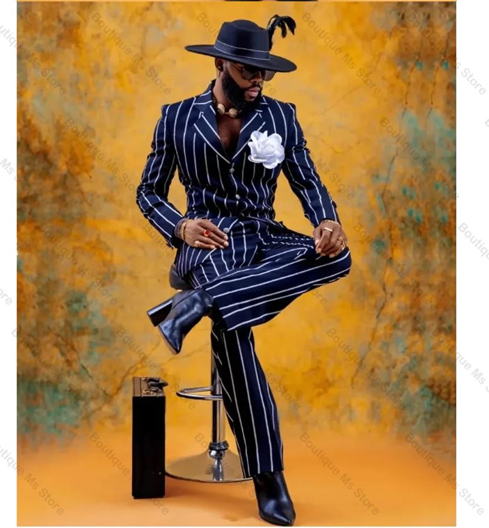 Fashion Navy Blue Stripe Single Breasted Men’s 2 Piece Suit Set