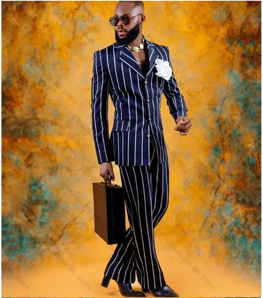Fashion Navy Blue Stripe Single Breasted Men’s 2 Piece Suit Set
