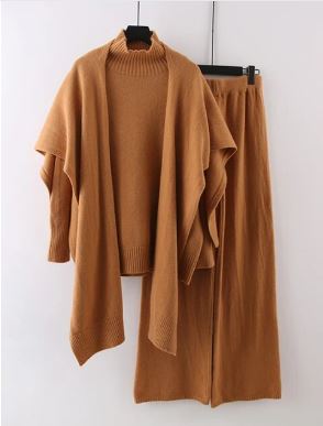 Knitted Turtleneck & Wide Leg Pants Set Shawl Turtleneck