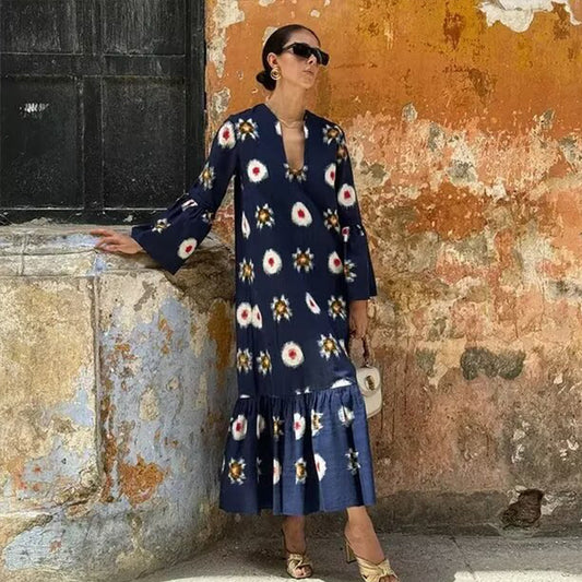 Autumn New Fashion Flower Series V-neck Long Sleeved Dress