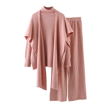 Knitted Turtleneck & Wide Leg Pants Set Shawl Turtleneck