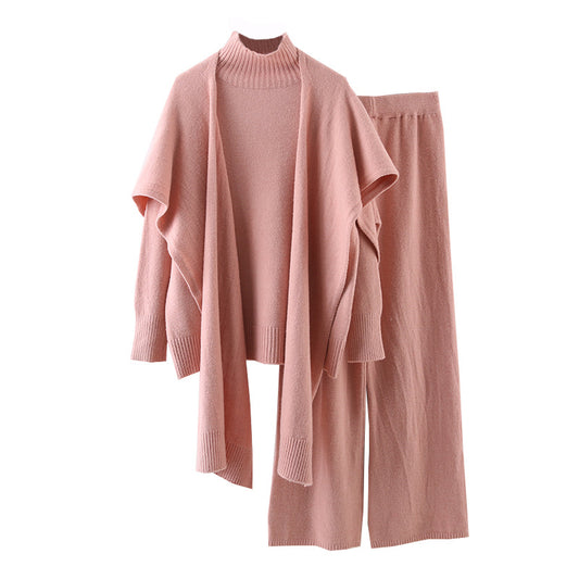 Knitted Turtleneck & Wide Leg Pants Set Shawl Turtleneck