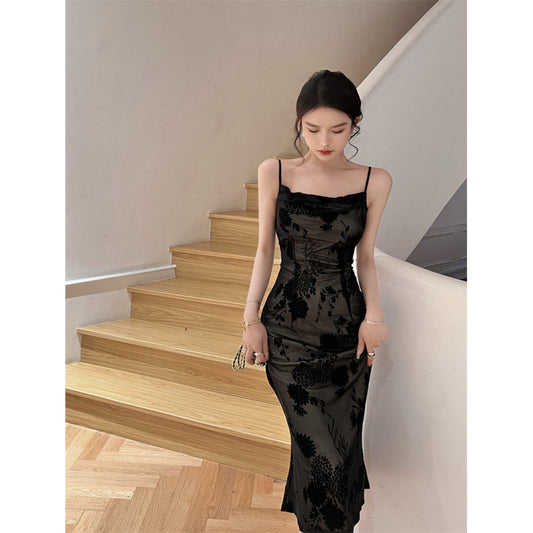 French Vintage Black Lace Dress Women's Elegant Strapless Dress