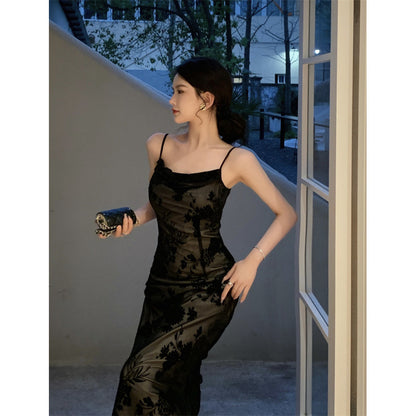 French Vintage Black Lace Dress Women's Elegant Strapless Dress