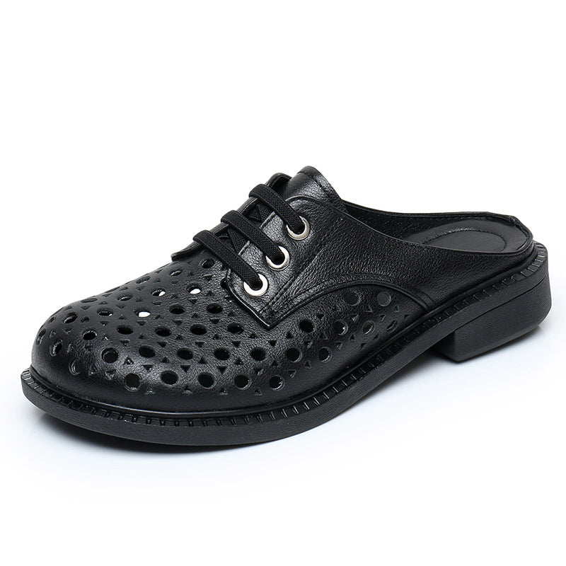 Cave shoes real leather flat heel thick sole hollowed out sandals women's slippers round toe