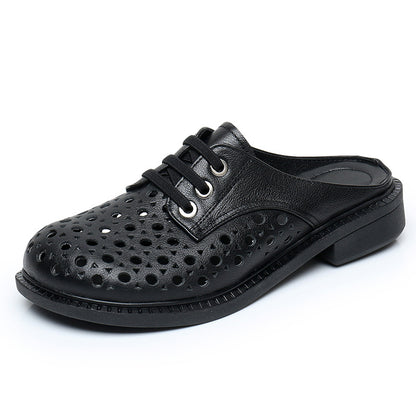 Cave shoes real leather flat heel thick sole hollowed out sandals women's slippers round toe