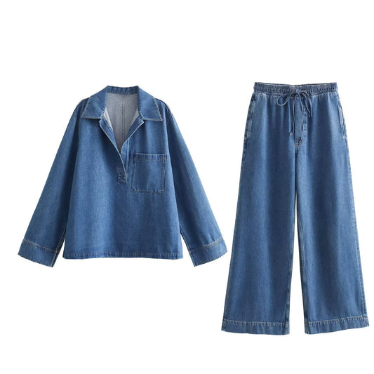 Women's Retro Lapel Casual Shirt Set Belted Loose Denim Pants 2-piece