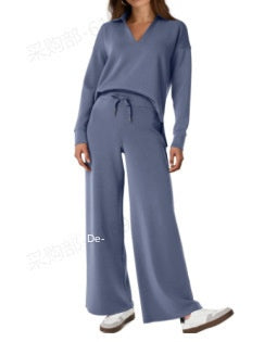 Cross-border New Pure Color Turn-down Collar Loose Casual Straight Pants Multi-color Set
