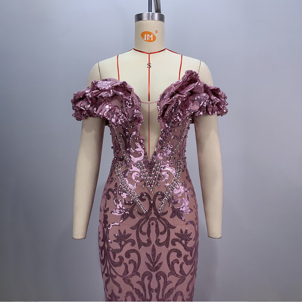 European and American style pink sexy and charming mesh evening dress