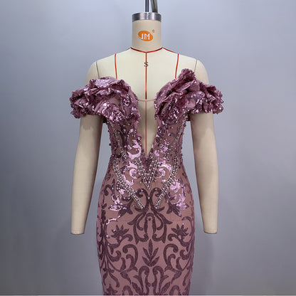 European and American style pink sexy and charming mesh evening dress
