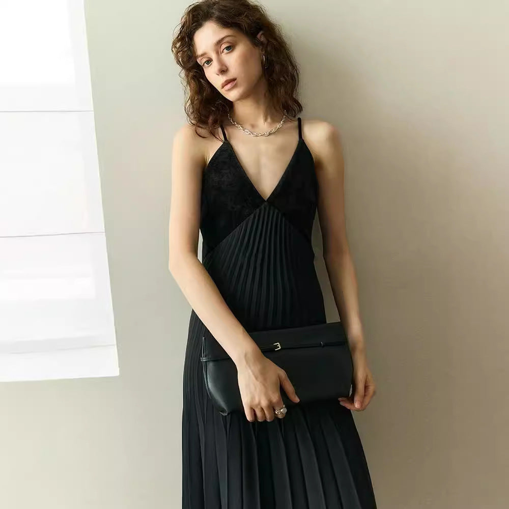 French Velvet Patchwork Pleated V-neck Camisole Dress for Slimming Women