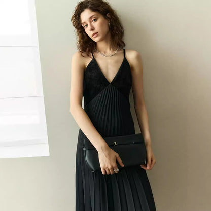 French Velvet Patchwork Pleated V-neck Camisole Dress for Slimming Women
