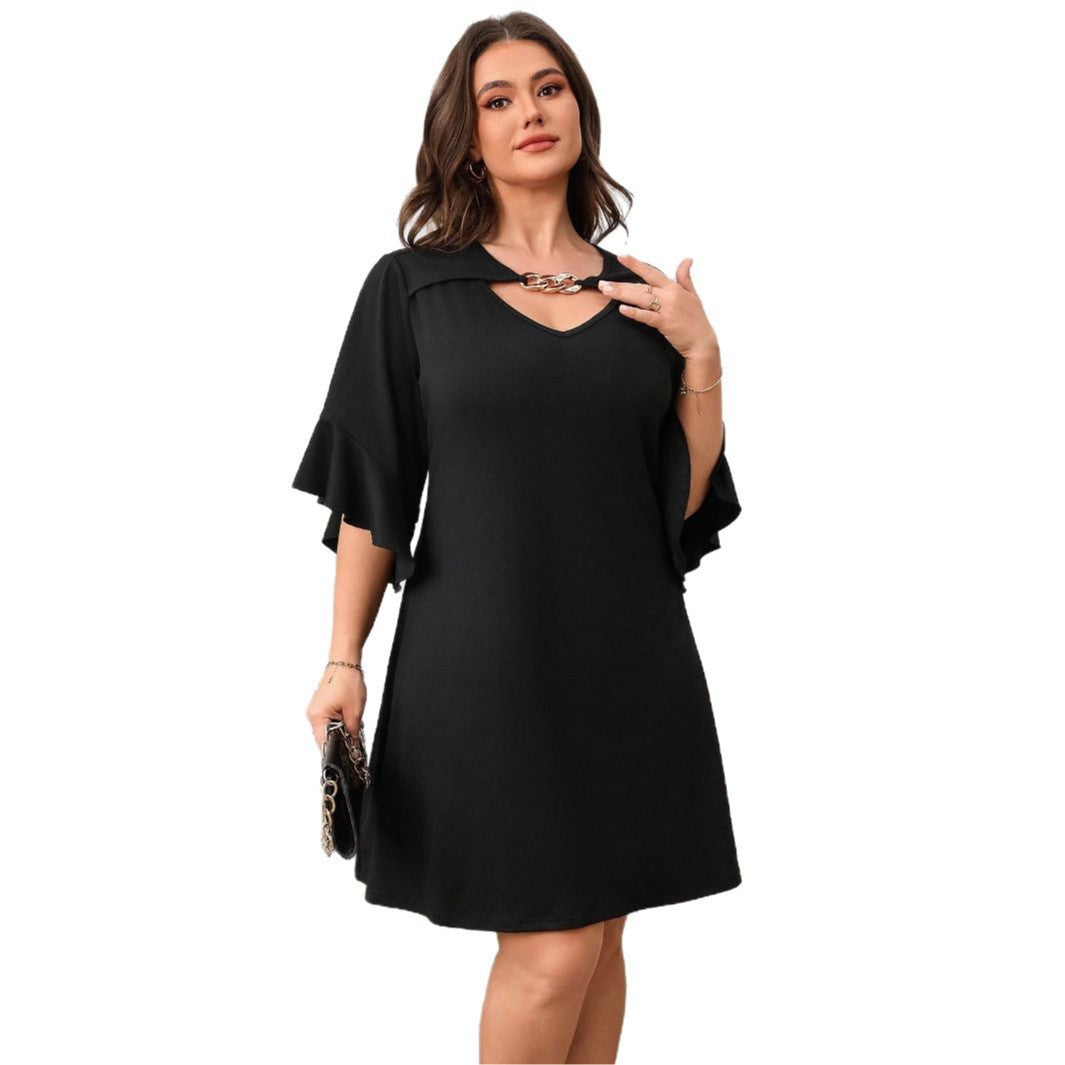 Fashionable Plus Size Solid Color Dress with Flare Sleeves and Slimming Design