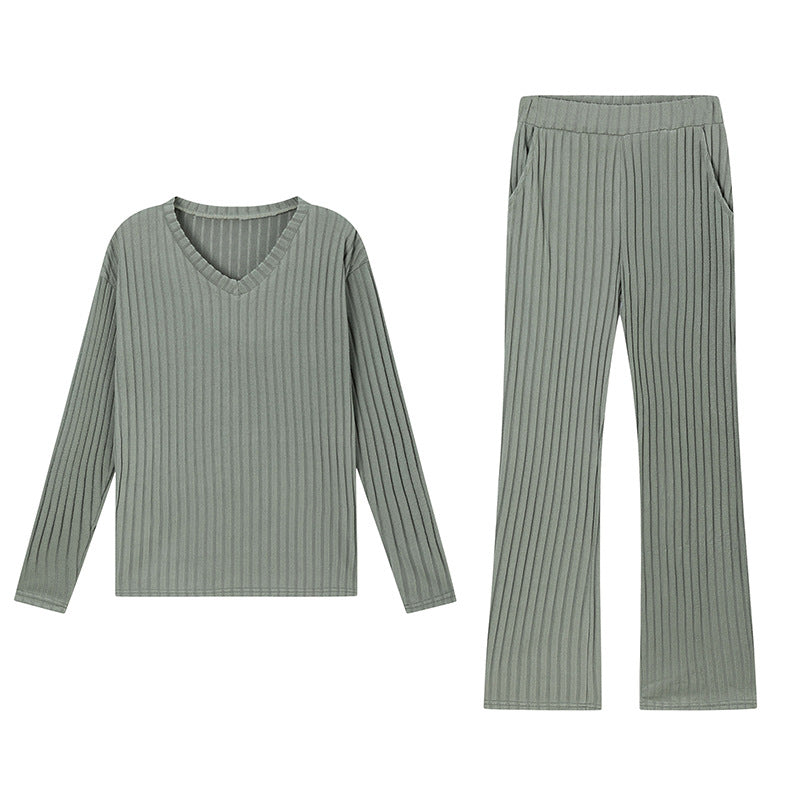 Fashionable Casual Loose V-Neck Ribbed Knit Set for Women