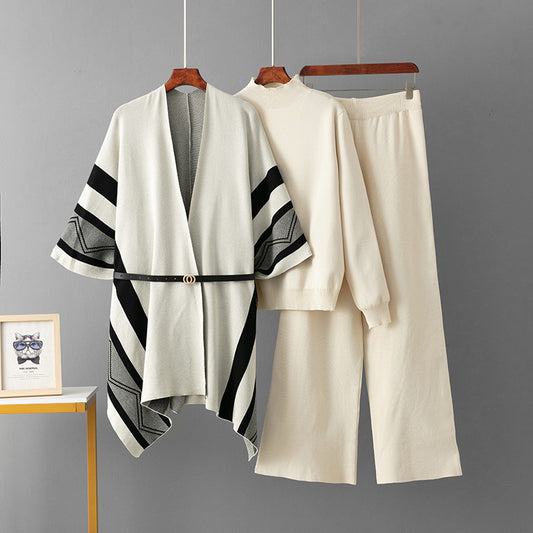 Jacquard Cape Top with Loose Wide-Leg Pants Knit Three-Piece Set