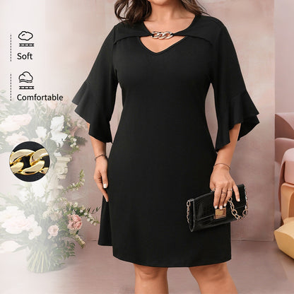Fashionable Plus Size Solid Color Dress with Flare Sleeves and Slimming Design