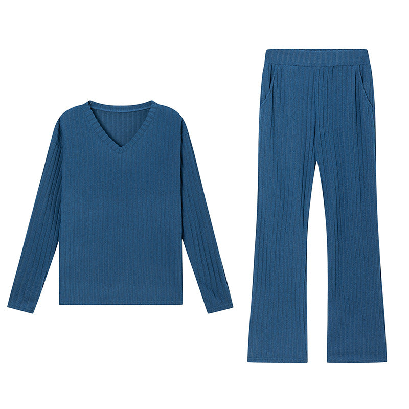 Fashionable Casual Loose V-Neck Ribbed Knit Set for Women