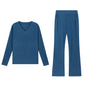 Fashionable Casual Loose V-Neck Ribbed Knit Set for Women