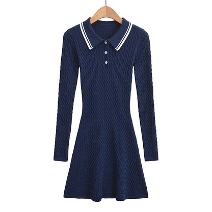 Women's Polo Collar Button Design, Slim Fit and Waist Cinching, Long Sleeved Knitted Dress